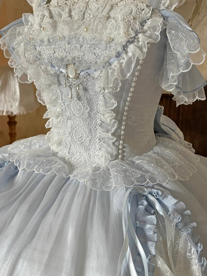 Airy Light Blue Straps Off Shoulder Heavy Lace A Line Lolita Short Homecoming Dress Birthday Dress AS3197