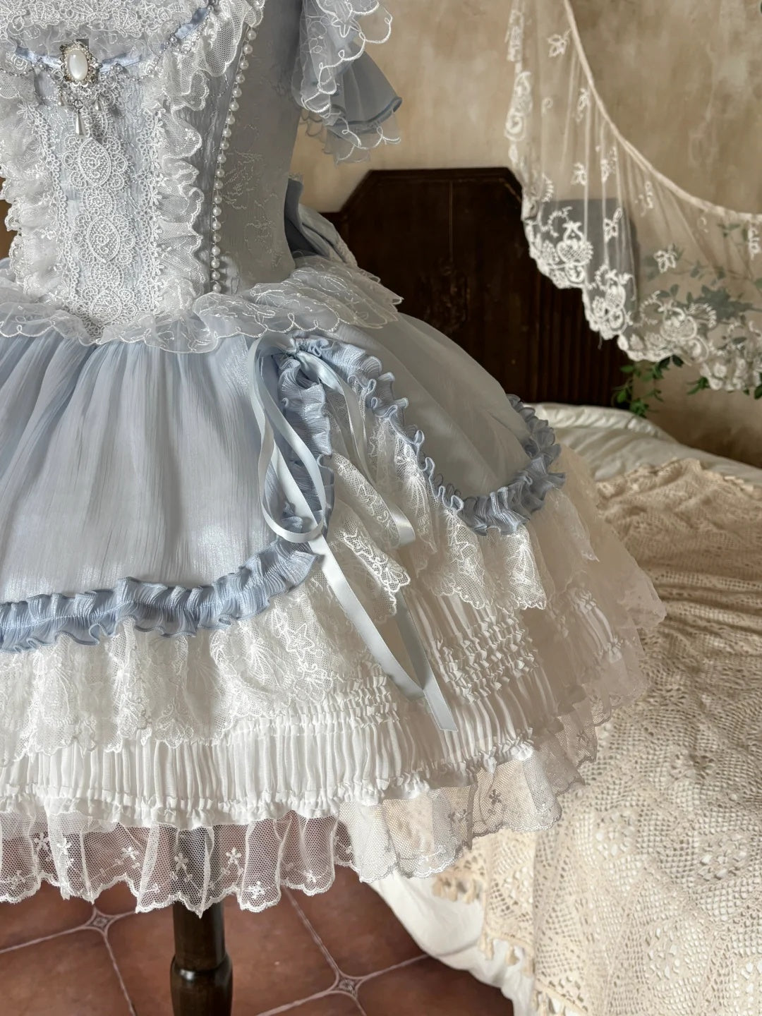 Airy Light Blue Straps Off Shoulder Heavy Lace A Line Lolita Short Homecoming Dress Birthday Dress AS3197