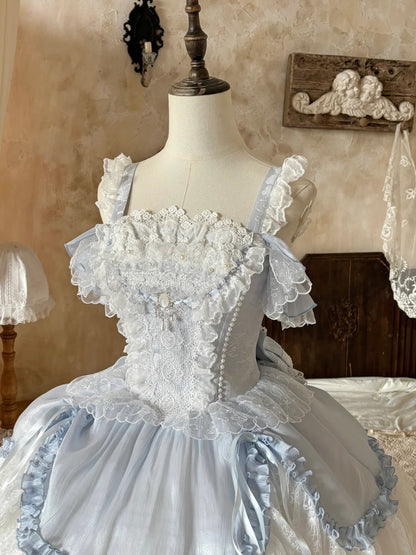 Airy Light Blue Straps Off Shoulder Heavy Lace A Line Lolita Short Homecoming Dress Birthday Dress AS3197