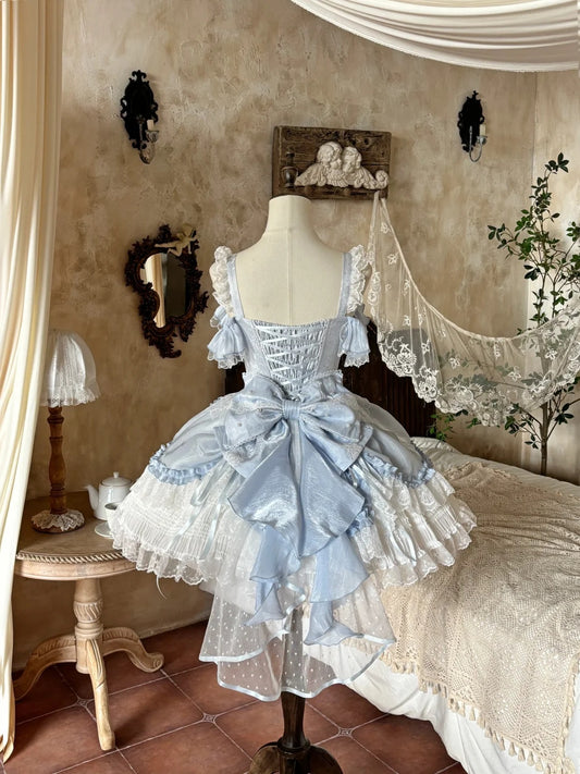 Airy Light Blue Straps Off Shoulder Heavy Lace A Line Lolita Short Homecoming Dress Birthday Dress AS3197