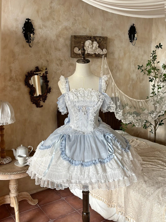 Airy Light Blue Straps Off Shoulder Heavy Lace A Line Lolita Short Homecoming Dress Birthday Dress AS3197