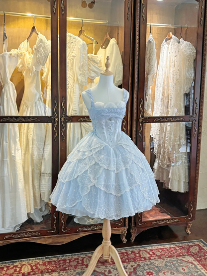 Gorgeous Light Blue Strap Beaded Corset Scalloped Sparkle A Line Lolita Short Homecoming Dress Birthday Dress AS3198