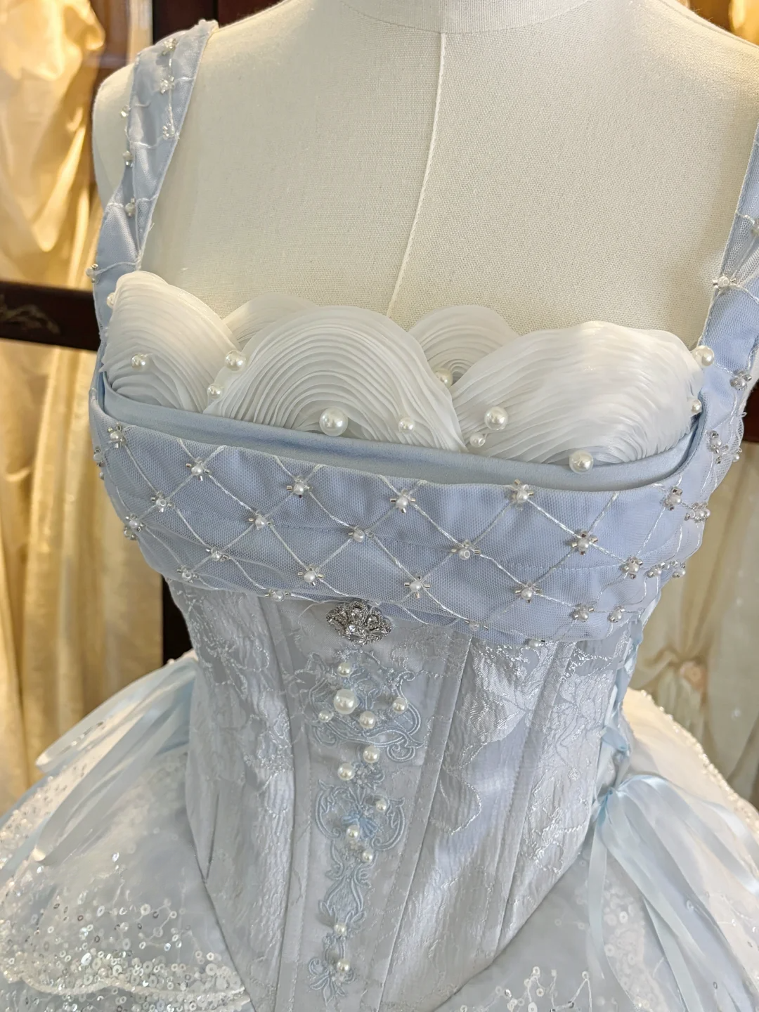 Gorgeous Light Blue Strap Beaded Corset Scalloped Sparkle A Line Lolita Short Homecoming Dress Birthday Dress AS3198