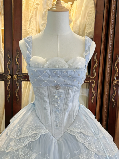 Gorgeous Light Blue Strap Beaded Corset Scalloped Sparkle A Line Lolita Short Homecoming Dress Birthday Dress AS3198