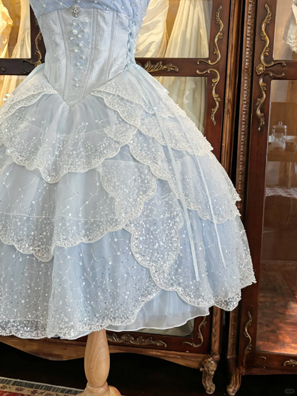 Gorgeous Light Blue Strap Beaded Corset Scalloped Sparkle A Line Lolita Short Homecoming Dress Birthday Dress AS3198