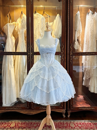 Gorgeous Light Blue Strap Beaded Corset Scalloped Sparkle A Line Lolita Short Homecoming Dress Birthday Dress AS3198