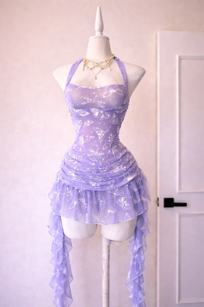 Whimsical Pink Butterfly Print Halter Mini Homecoming Dress With Ruffle Trails AS320