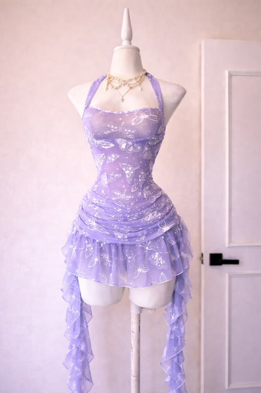 Whimsical Pink Butterfly Print Halter Mini Homecoming Dress With Ruffle Trails AS320