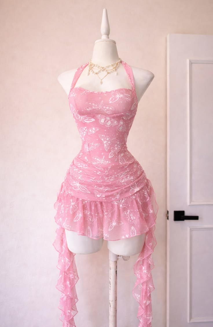 Whimsical Pink Butterfly Print Halter Mini Homecoming Dress With Ruffle Trails AS320