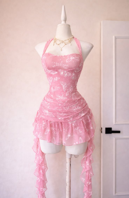 Whimsical Pink Butterfly Print Halter Mini Homecoming Dress With Ruffle Trails AS320