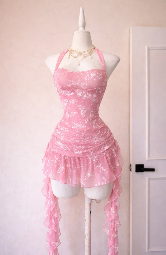 Whimsical Pink Butterfly Print Halter Mini Homecoming Dress With Ruffle Trails AS320