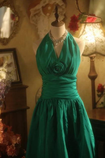 Elegant Emerald Green Halter V Neck 3D Floral Ruched A-line Short Homecoming Dress Party Dress AS3200