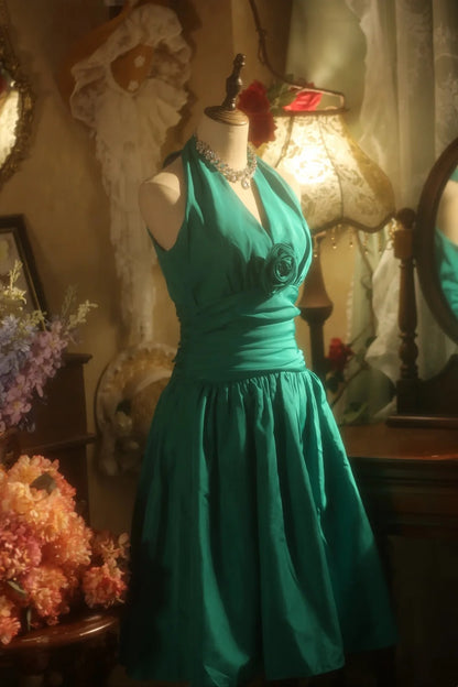 Elegant Emerald Green Halter V Neck 3D Floral Ruched A-line Short Homecoming Dress Party Dress AS3200