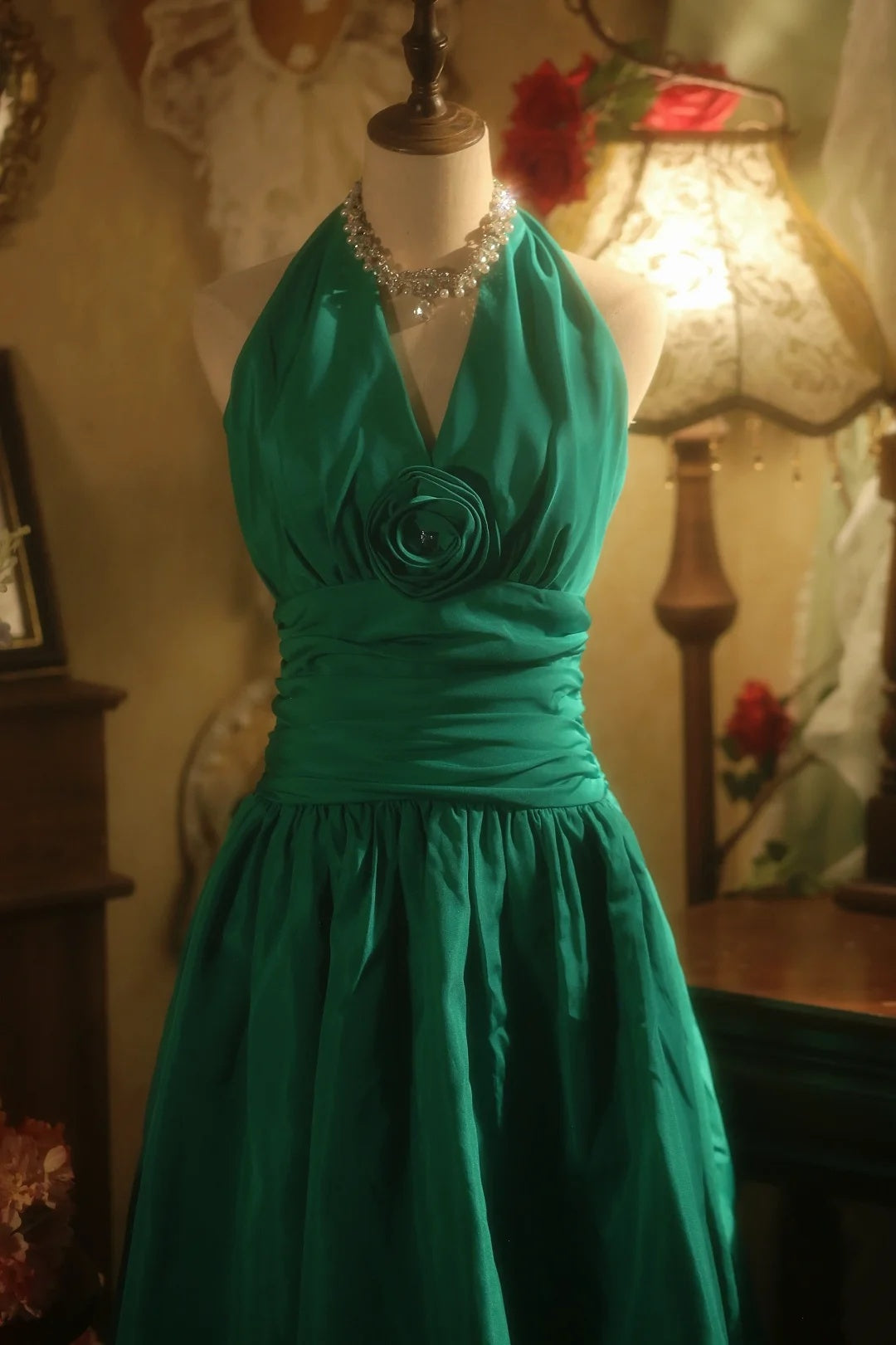 Elegant Emerald Green Halter V Neck 3D Floral Ruched A-line Short Homecoming Dress Party Dress AS3200