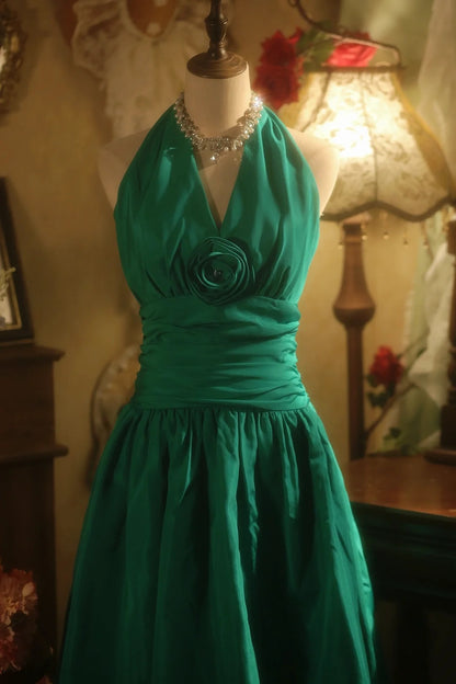 Elegant Emerald Green Halter V Neck 3D Floral Ruched A-line Short Homecoming Dress Party Dress AS3200