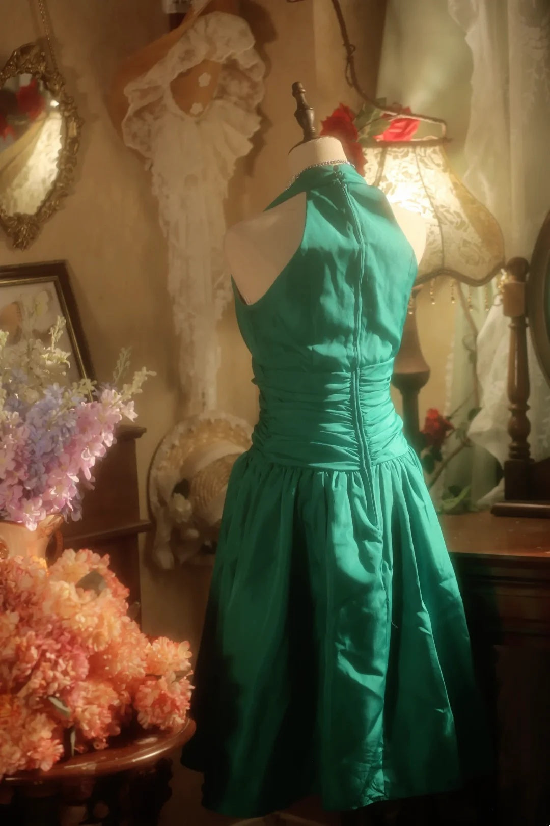 Elegant Emerald Green Halter V Neck 3D Floral Ruched A-line Short Homecoming Dress Party Dress AS3200