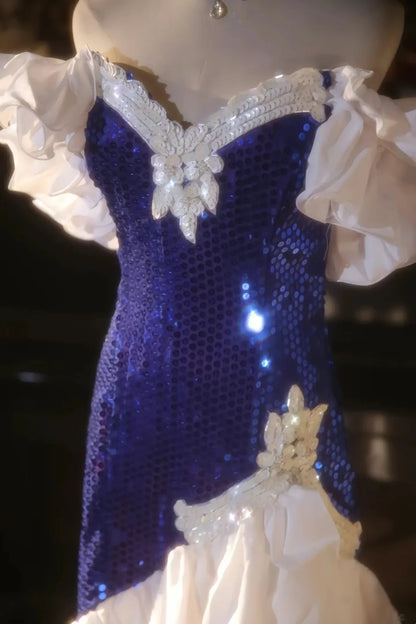 Stunning Royal Blue Sequin Off Shoulder V Neck White Ruffle Mermaid Midi Homecoming Dress Birthday Party Dress AS3202