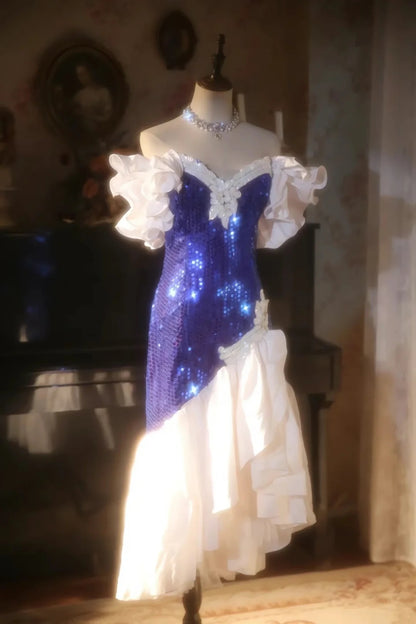 Stunning Royal Blue Sequin Off Shoulder V Neck White Ruffle Mermaid Midi Homecoming Dress Birthday Party Dress AS3202