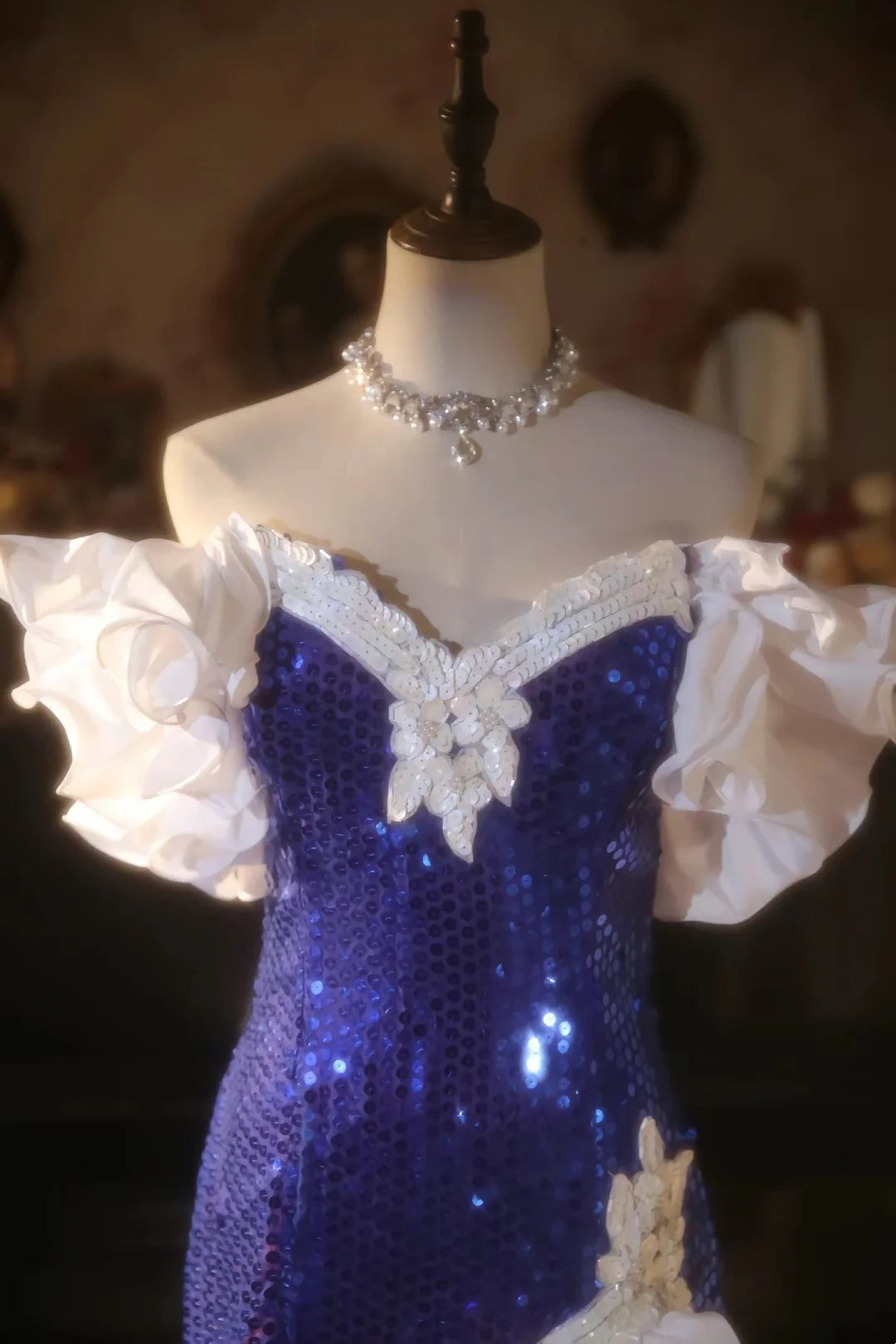 Stunning Royal Blue Sequin Off Shoulder V Neck White Ruffle Mermaid Midi Homecoming Dress Birthday Party Dress AS3202