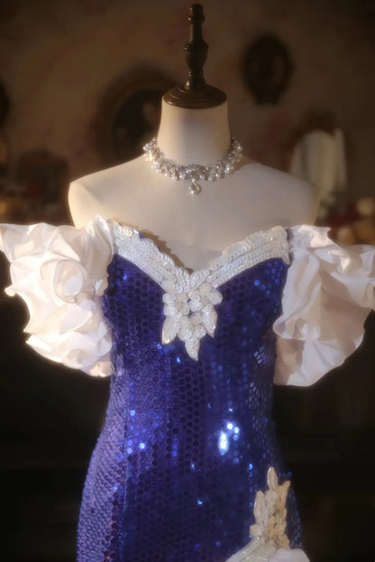 Stunning Royal Blue Sequin Off Shoulder V Neck White Ruffle Mermaid Midi Homecoming Dress Birthday Party Dress AS3202