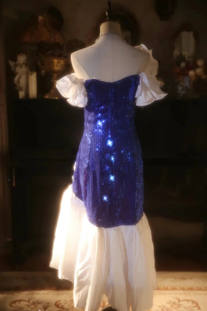 Stunning Royal Blue Sequin Off Shoulder V Neck White Ruffle Mermaid Midi Homecoming Dress Birthday Party Dress AS3202