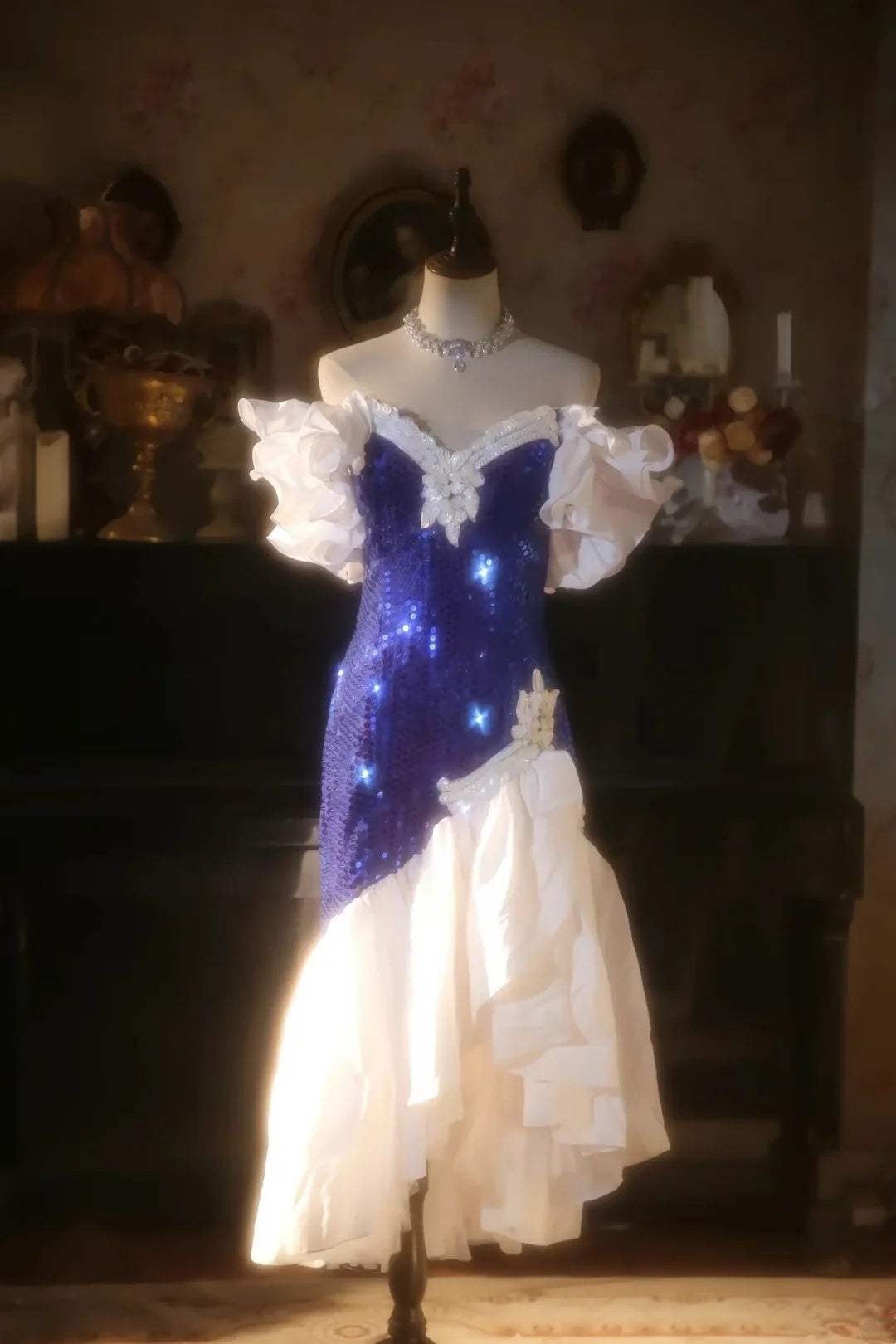 Stunning Royal Blue Sequin Off Shoulder V Neck White Ruffle Mermaid Midi Homecoming Dress Birthday Party Dress AS3202