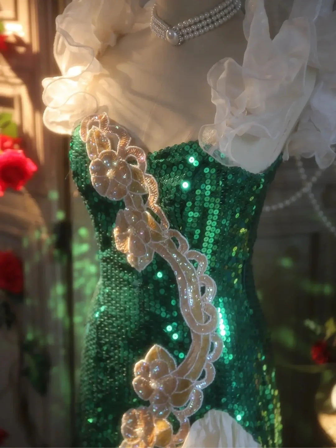 Gorgeous Emerald Green Sequin Off Shoulder Ruffle Mermaid Midi Homecoming Dress Birthday Party Dress AS3203