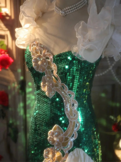 Gorgeous Emerald Green Sequin Off Shoulder Ruffle Mermaid Midi Homecoming Dress Birthday Party Dress AS3203