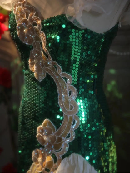 Gorgeous Emerald Green Sequin Off Shoulder Ruffle Mermaid Midi Homecoming Dress Birthday Party Dress AS3203