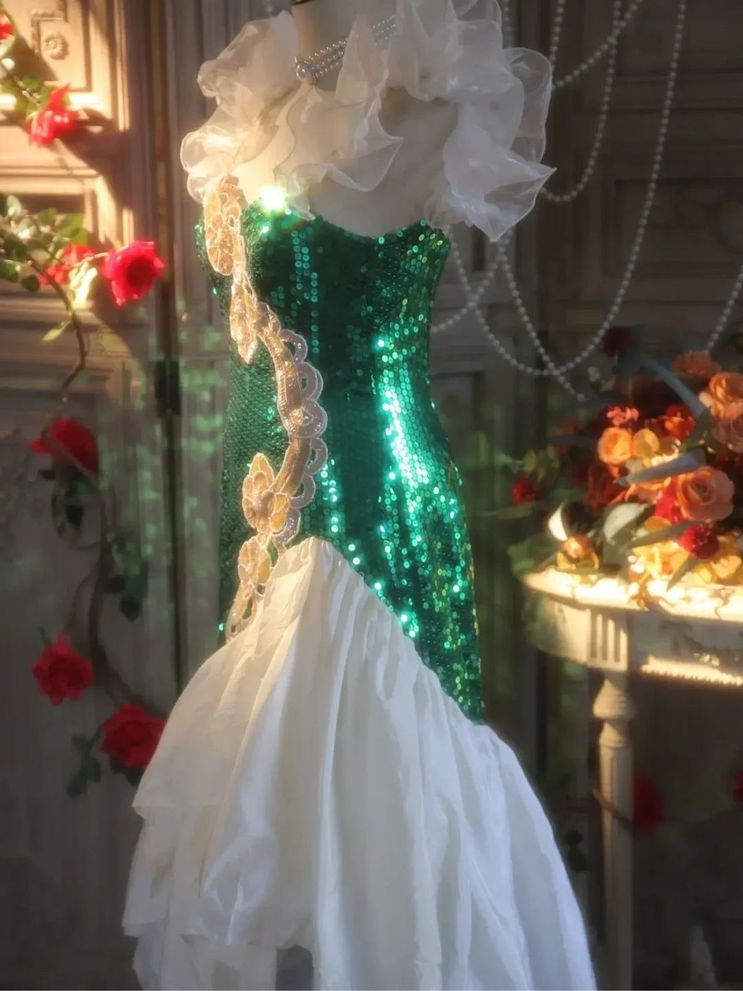 Gorgeous Emerald Green Sequin Off Shoulder Ruffle Mermaid Midi Homecoming Dress Birthday Party Dress AS3203