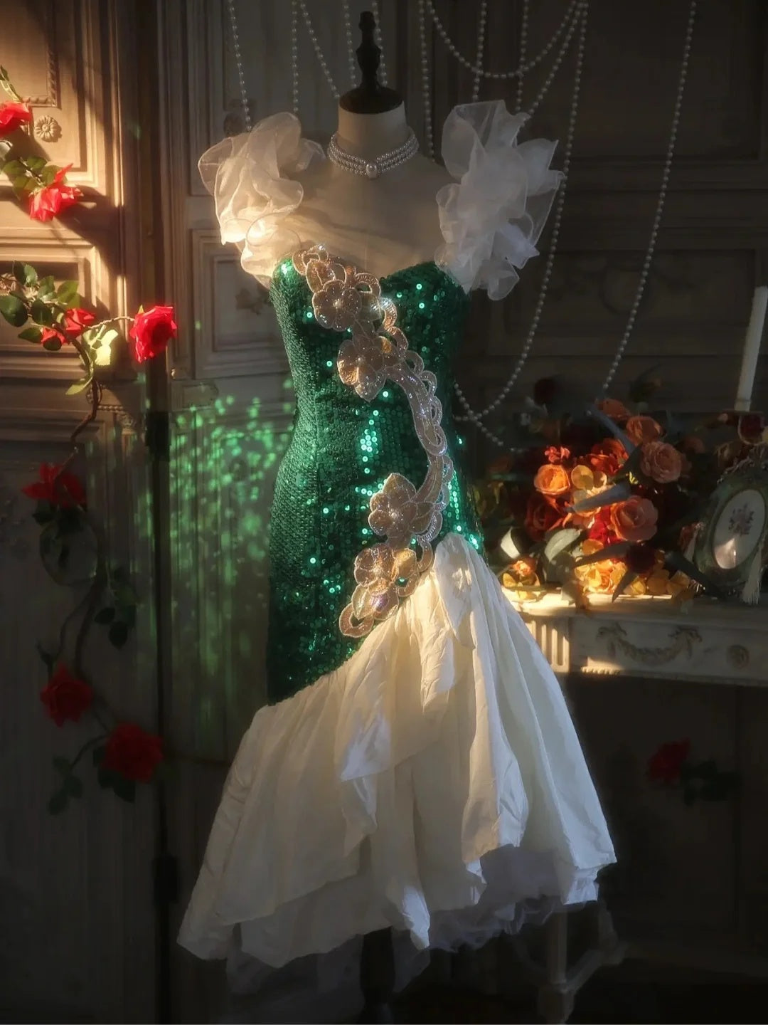 Gorgeous Emerald Green Sequin Off Shoulder Ruffle Mermaid Midi Homecoming Dress Birthday Party Dress AS3203