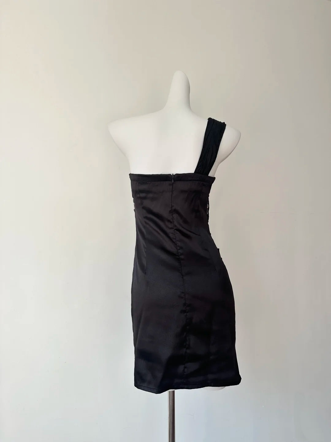 Stunning Black One Shoulder Rhinestone Beaded Ruched Bodycon Short Homecoming Dress AS3205