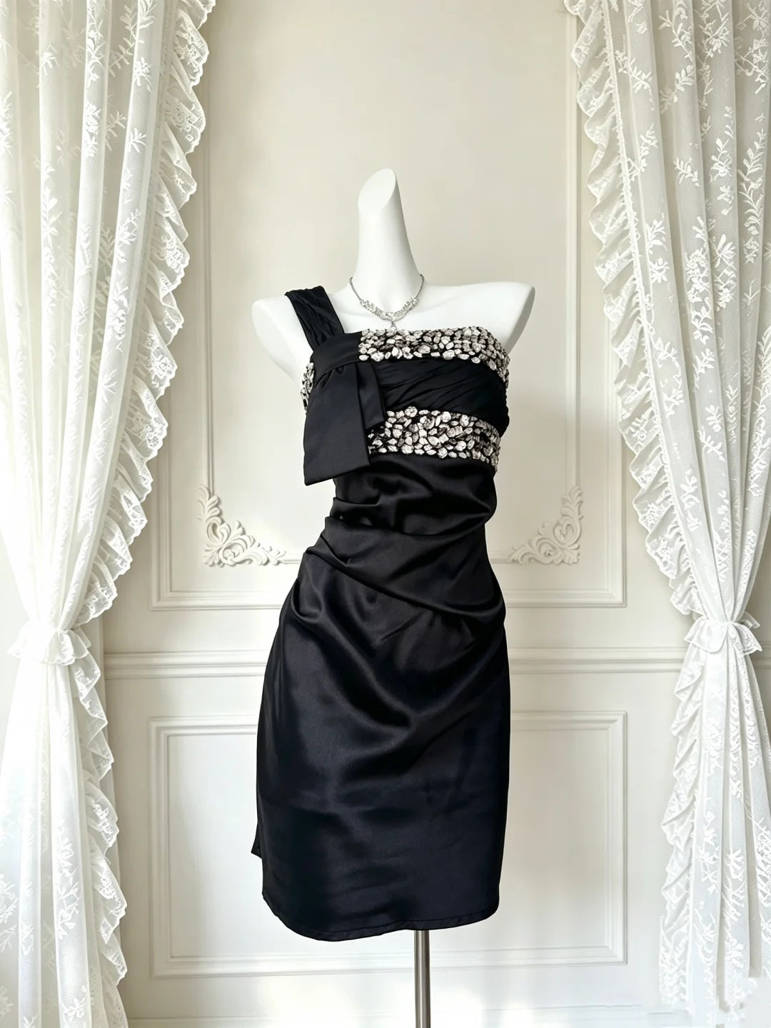 Stunning Black One Shoulder Rhinestone Beaded Ruched Bodycon Short Homecoming Dress AS3205