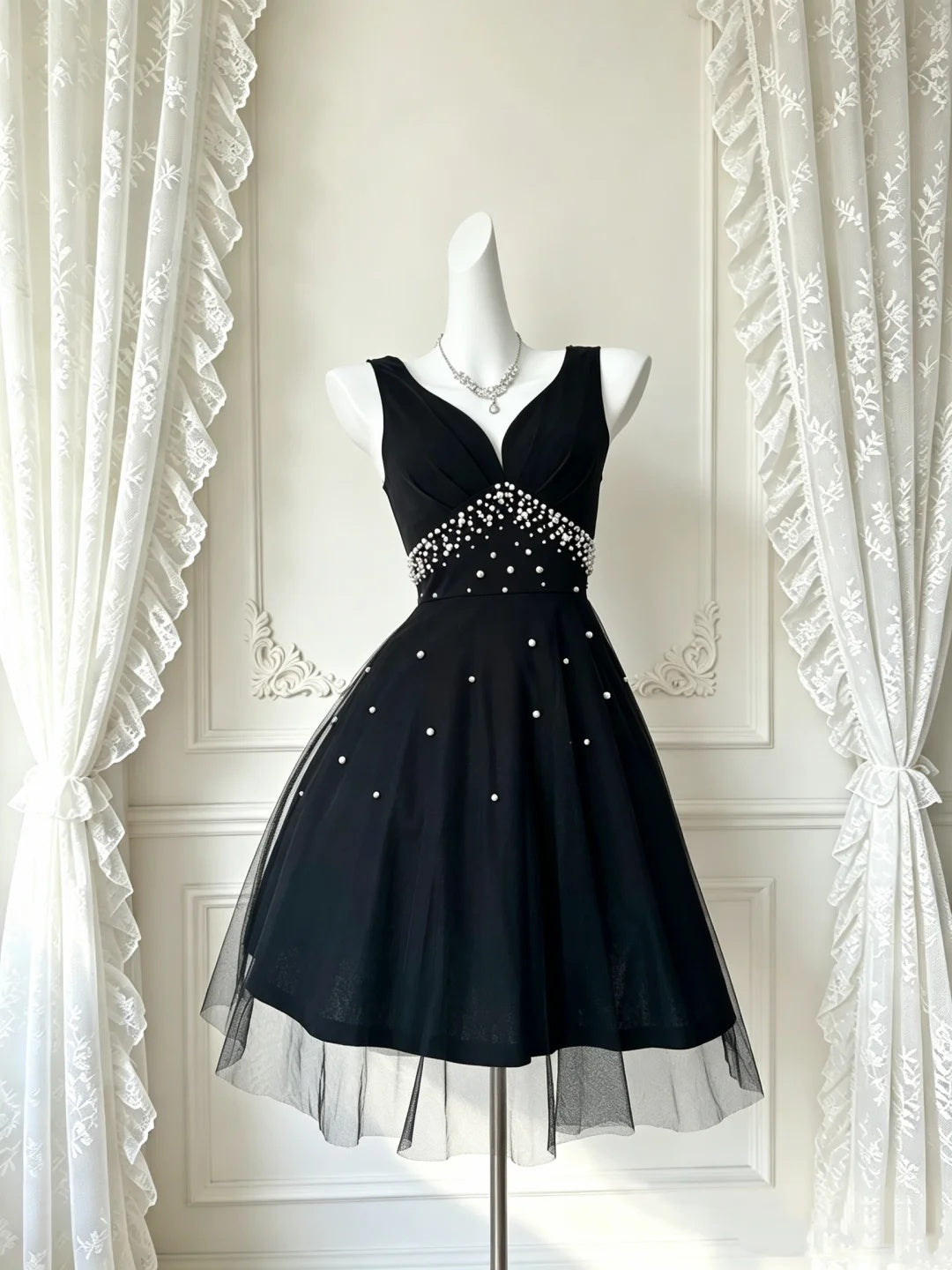 Glam Black Sleeveless V-Neck Pearl Beaded A-line Short Homecoming Dress AS3206