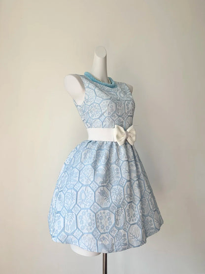 Elegant Light Blue Sleeveless Round Neck Jacquard Bow A-line Short Homecoming Dress AS3207