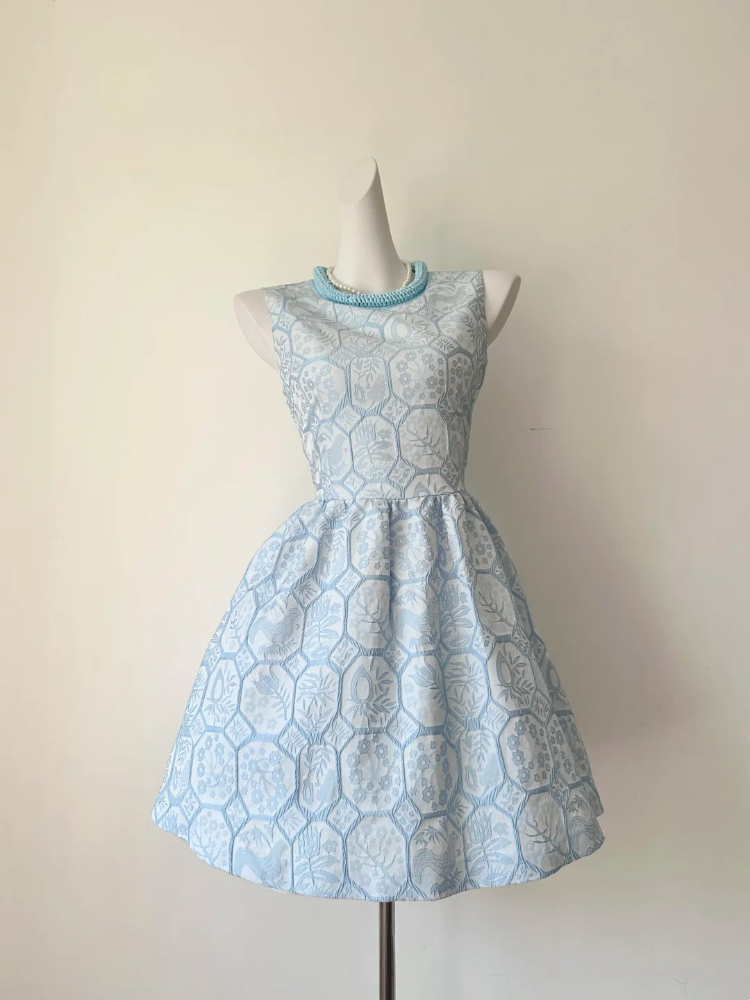 Elegant Light Blue Sleeveless Round Neck Jacquard Bow A-line Short Homecoming Dress AS3207