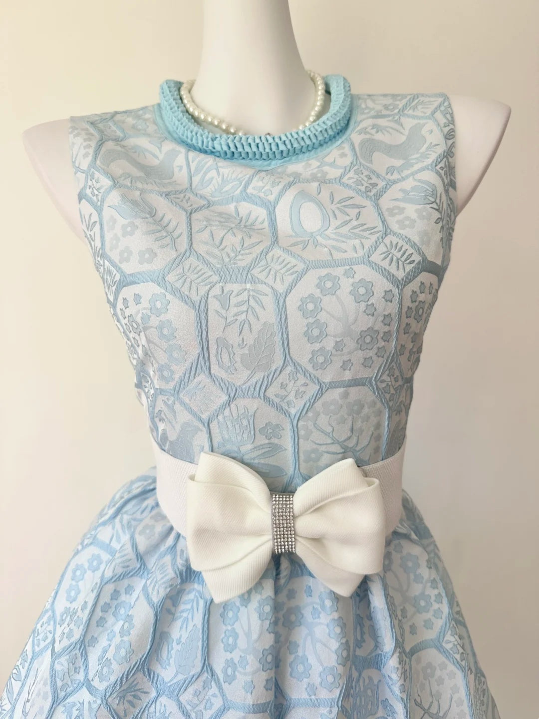 Elegant Light Blue Sleeveless Round Neck Jacquard Bow A-line Short Homecoming Dress AS3207