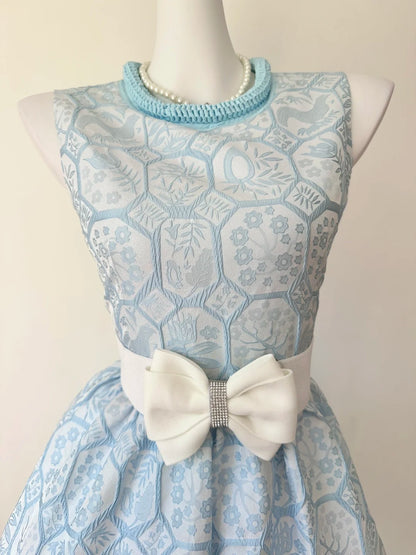 Elegant Light Blue Sleeveless Round Neck Jacquard Bow A-line Short Homecoming Dress AS3207