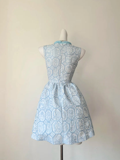 Elegant Light Blue Sleeveless Round Neck Jacquard Bow A-line Short Homecoming Dress AS3207