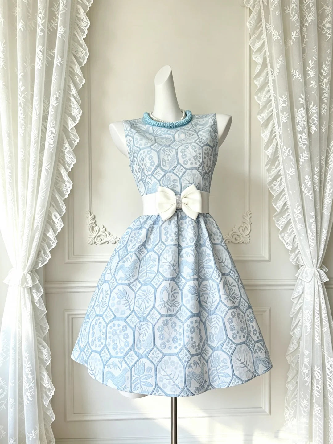 Elegant Light Blue Sleeveless Round Neck Jacquard Bow A-line Short Homecoming Dress AS3207