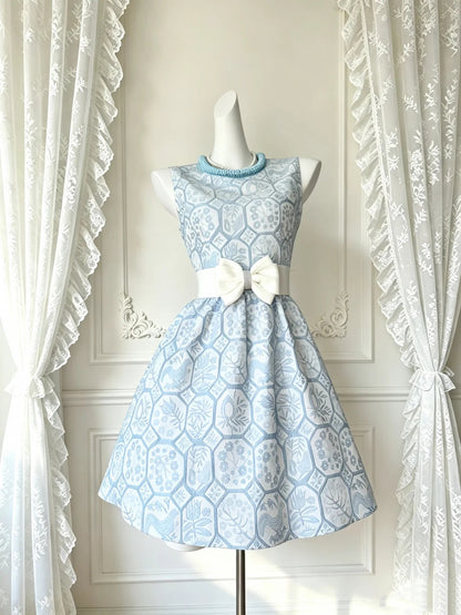 Elegant Light Blue Sleeveless Round Neck Jacquard Bow A-line Short Homecoming Dress AS3207