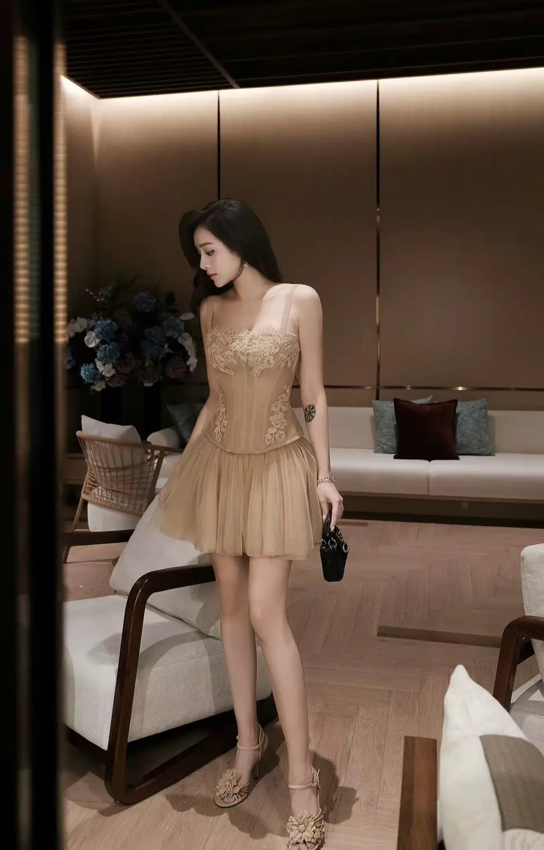 Elegant Nude Square Neck Straps Lace Applique Corset Top Tulle Skirt A Line Short Homecoming Dress Birthday Dress AS3209