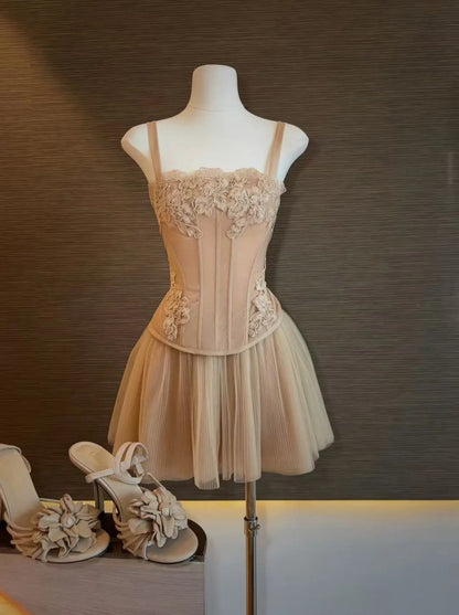 Elegant Nude Square Neck Straps Lace Applique Corset Top Tulle Skirt A Line Short Homecoming Dress Birthday Dress AS3209