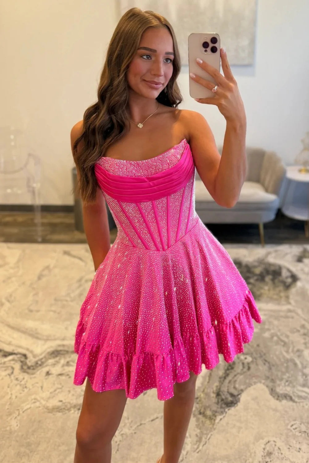 A-Line Strapless Short Beaded Lace Up Homecoming Dress With Ruffle Hem AS321