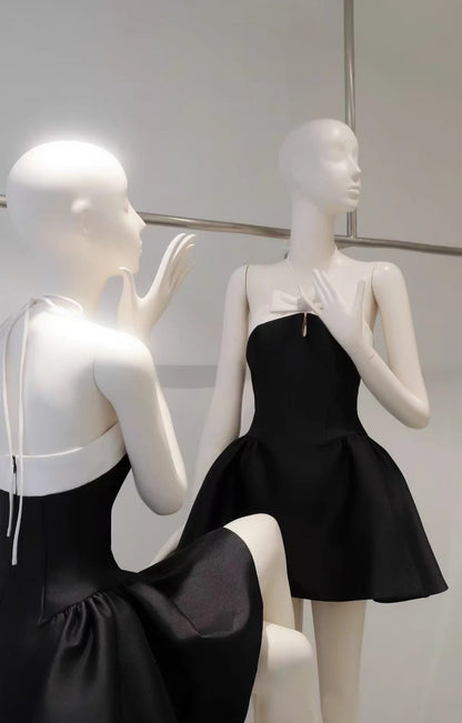 Chic Black Halter Neck White Rhinestone Bow A-Line Short Homecoming Dress Birthday Dress AS3211