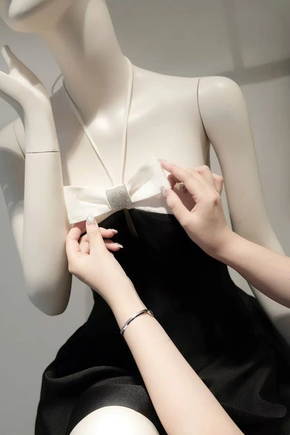 Chic Black Halter Neck White Rhinestone Bow A-Line Short Homecoming Dress Birthday Dress AS3211