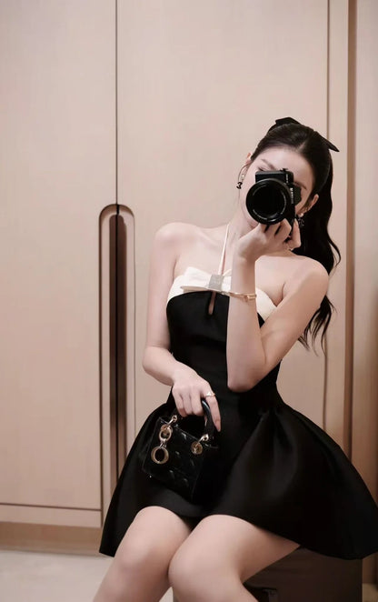 Chic Black Halter Neck White Rhinestone Bow A-Line Short Homecoming Dress Birthday Dress AS3211