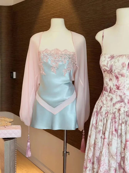 Dreamy Light Blue Lace Appliques Strapless Sheath Short Homecoming Dress Birthday Dress With Tassel Shawl AS3212