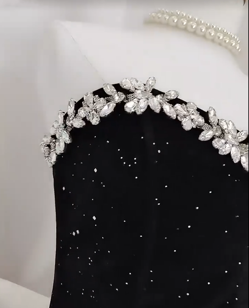 Dazzling Black Strapless Rhinestone Trim Glitter A-Line Short Homecoming Dress With Big Bow Birthday Dress AS3213