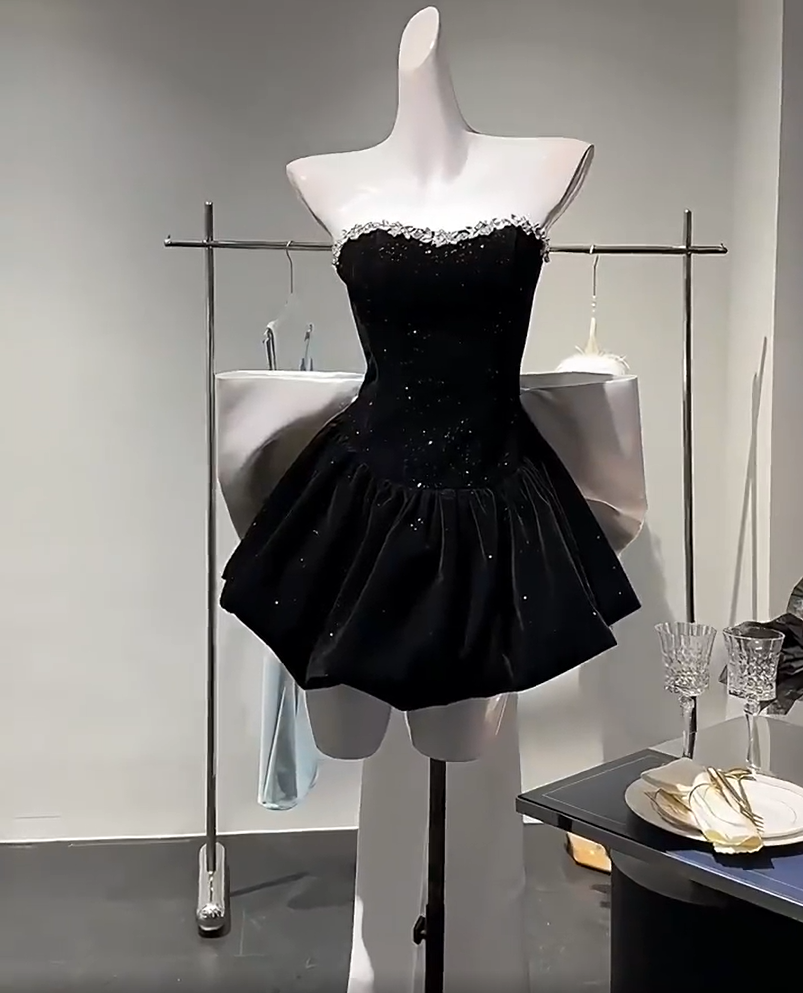 Dazzling Black Strapless Rhinestone Trim Glitter A-Line Short Homecoming Dress With Big Bow Birthday Dress AS3213
